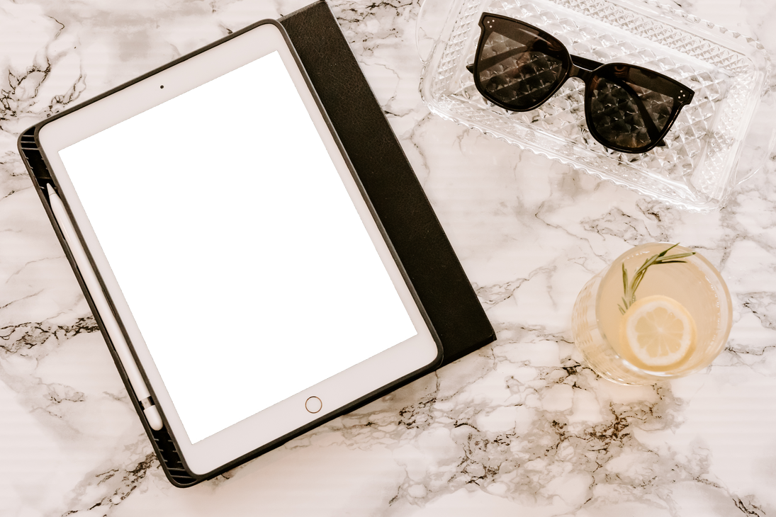 Tablet Device with Sunglasses and Drink